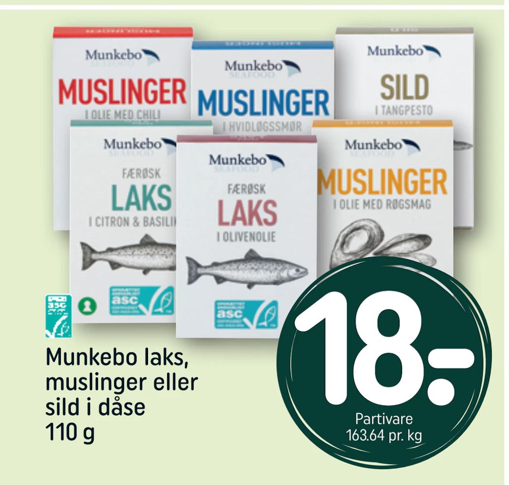 Tilbud på Munkebo laks, muslinger eller sild i dåse 110 g fra REMA 1000 til 18 kr.