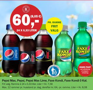 Pepsi Max, Pepsi, Pepsi Max Lime, Faxe Kondi, Faxe Kondi 0 Kal.