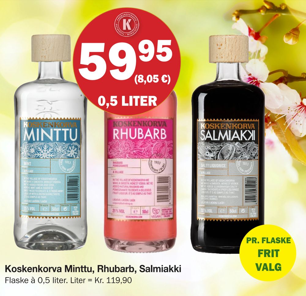 Tilbud på Koskenkorva Minttu, Rhubarb, Salmiakki fra Købmandsgården til 59,95 kr.
