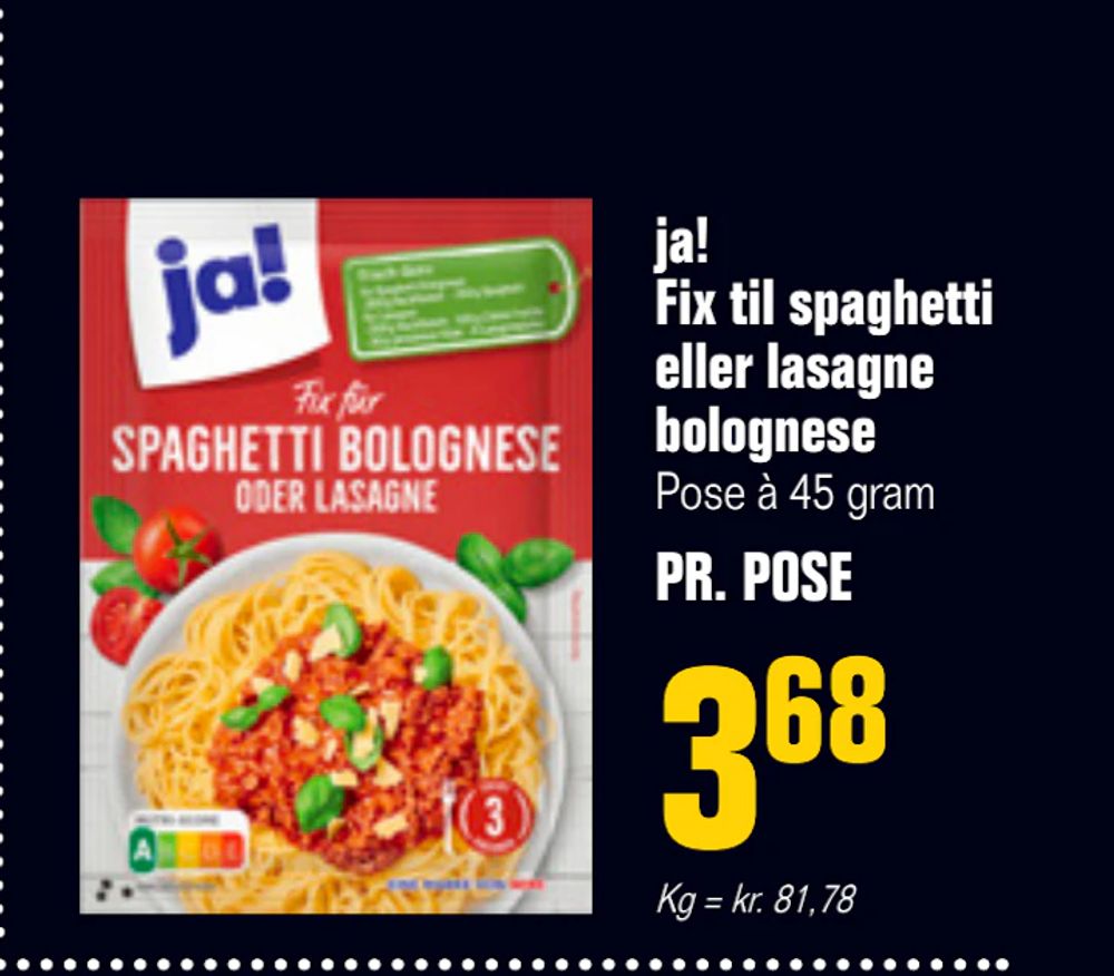 Tilbud på ja! Fix til spaghetti eller lasagne bolognese fra Otto Duborg til 3,68 kr.
