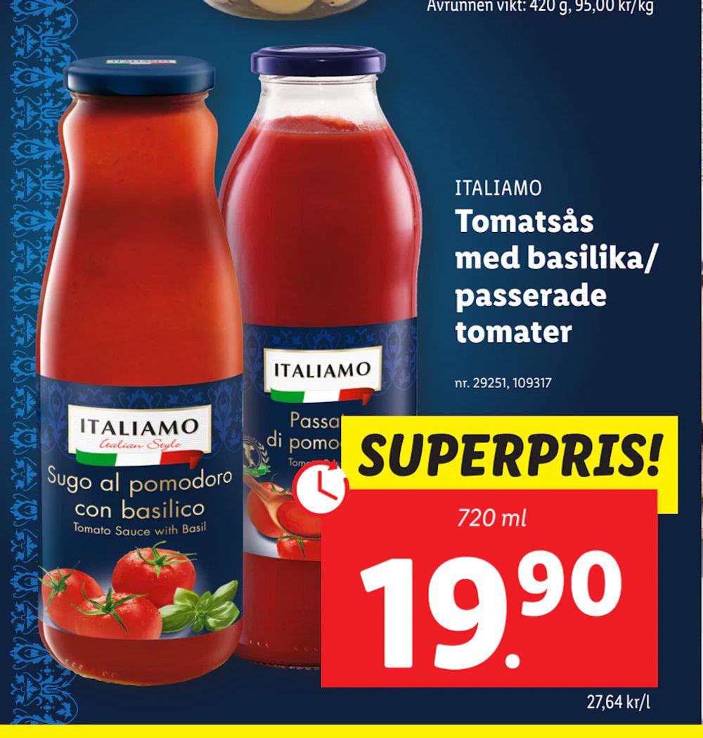 Erbjudanden på Tomatsås med basilika/ passerade tomater från Lidl för 19,90 kr
