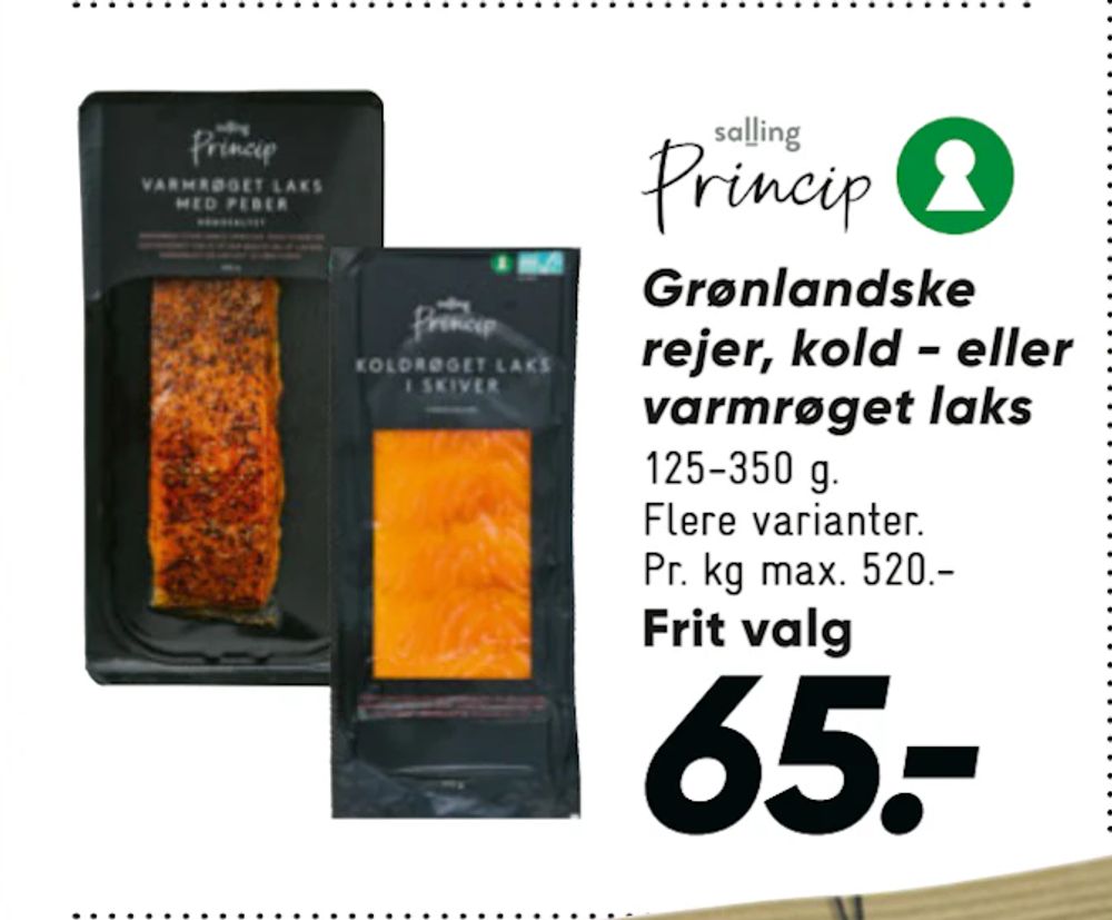 Tilbud på Grønlandske rejer, kold - eller varmrøget laks fra Bilka til 65 kr.