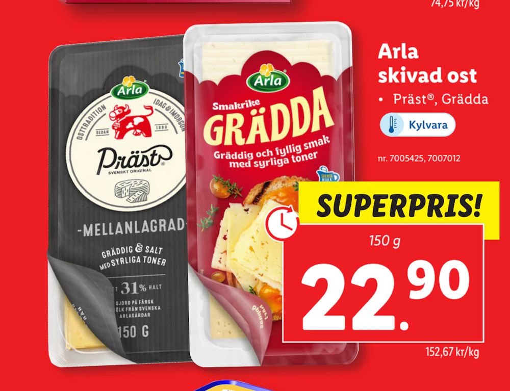 Erbjudanden på Arla skivad ost från Lidl för 22,90 kr