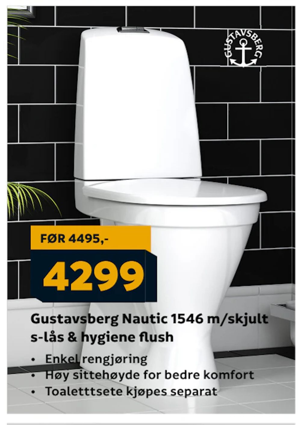 Tilbud på Gustavsberg Nautic 1546 m/skjult s-lås & hygiene flush fra Megaflis til 4 299 kr