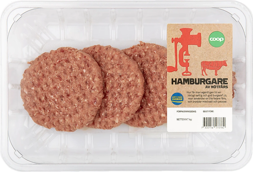 Erbjudanden på Färska hamburgare 4-pack (Sverige/Coop) från Coop X:-TRA för 34,90 kr