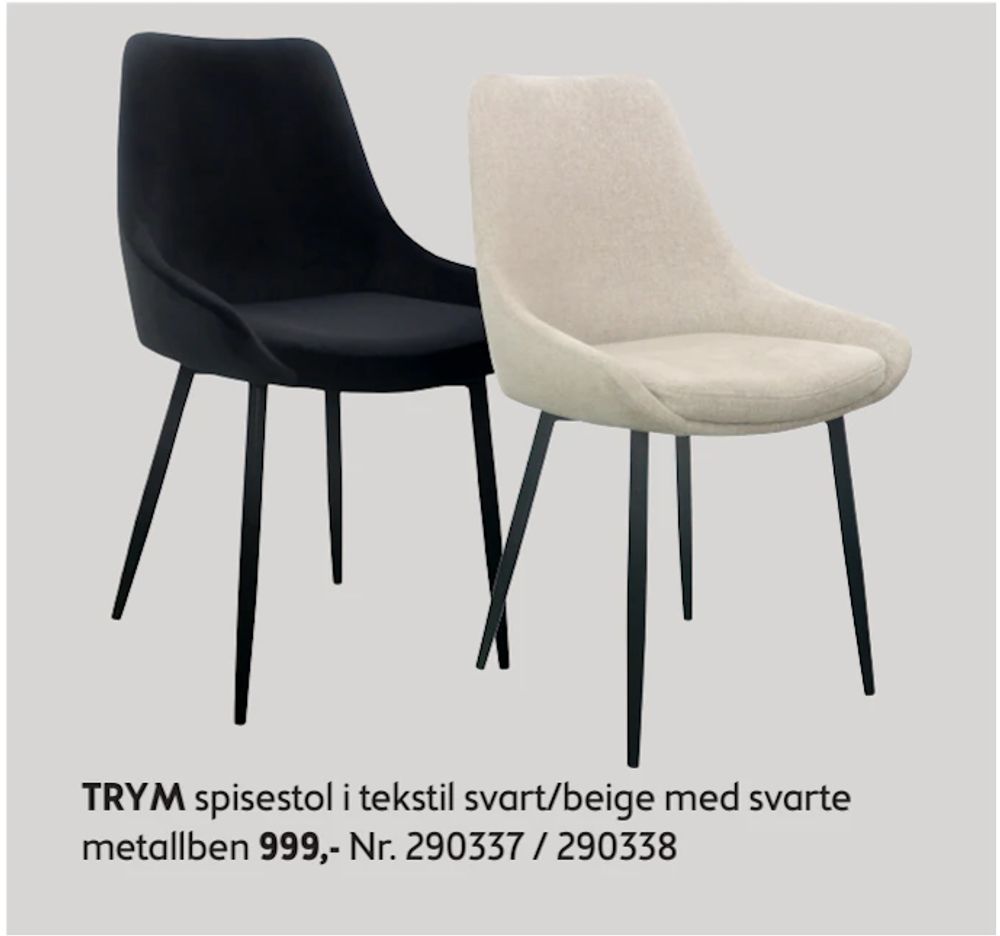 Tilbud på TRYM spisestol i tekstil svart/beige med svarte metallben fra Bohus til 999 kr