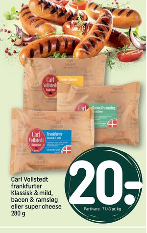 Carl Vollstedt frankfurter Klassisk & mild, bacon & ramsløg eller super cheese 280 g