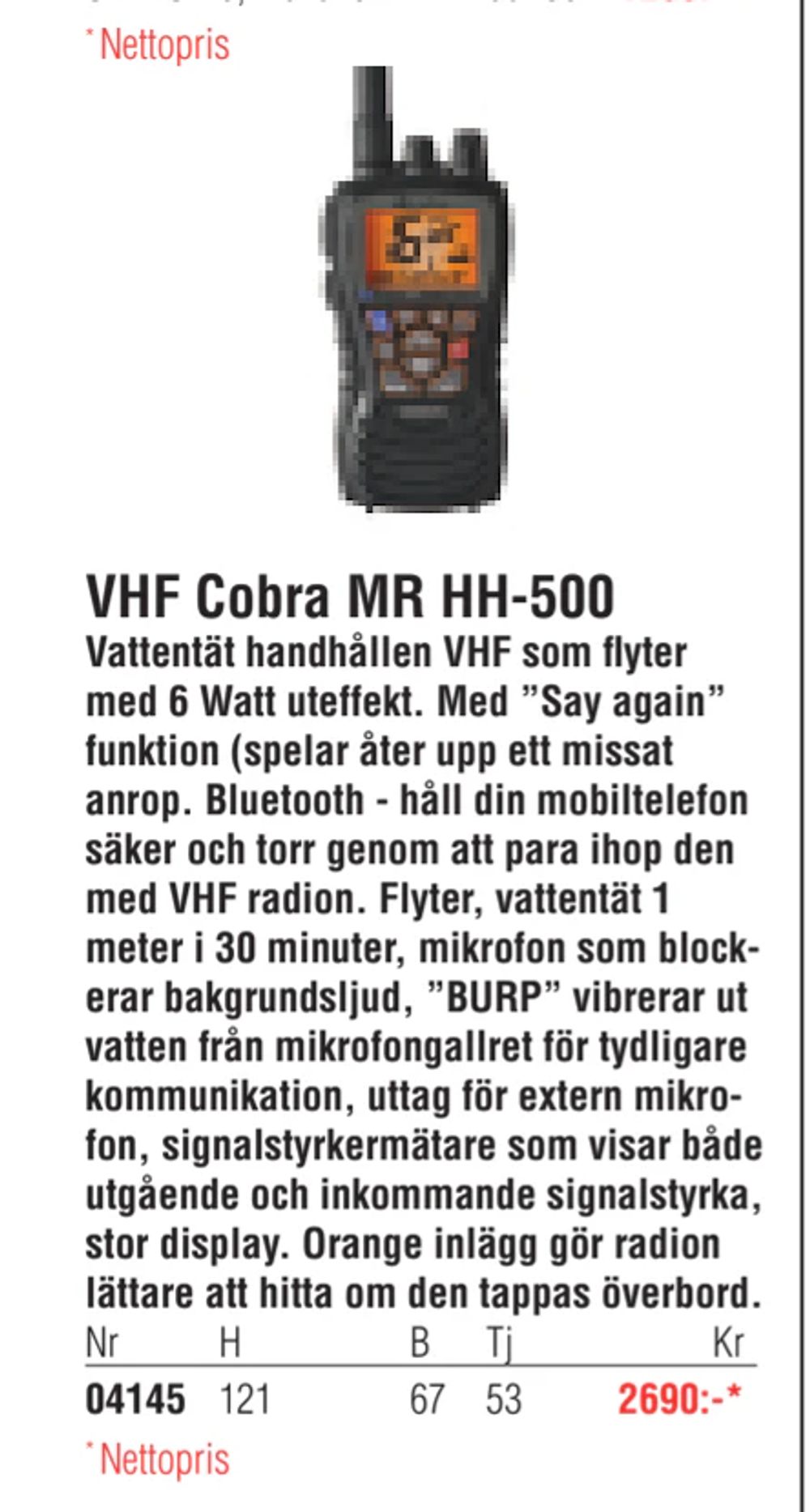 Erbjudanden på VHF Cobra MR HH-500 från Erlandsons Brygga för 2 690 kr