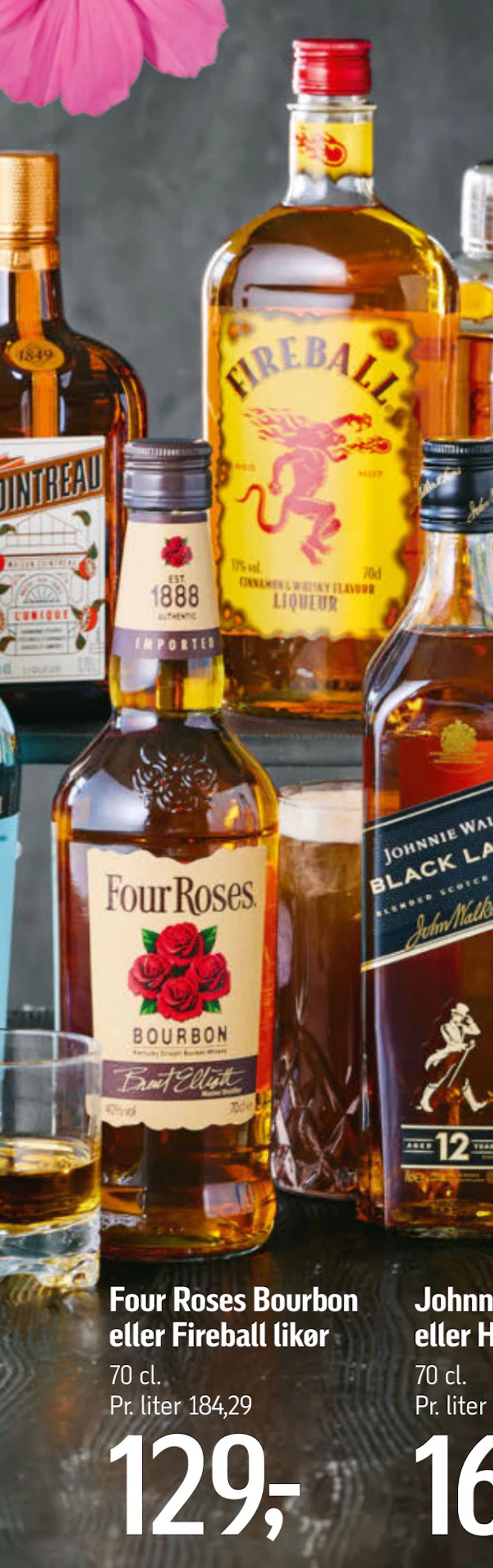 Tilbud på Four Roses Bourbon eller Fireball likør fra føtex til 129 kr.