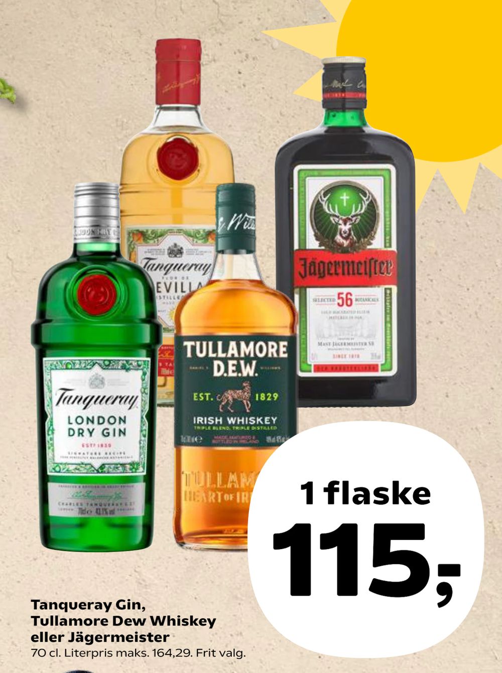Tilbud på Tanqueray Gin, Tullamore Dew Whiskey eller Jägermeister fra Kvickly til 115 kr.