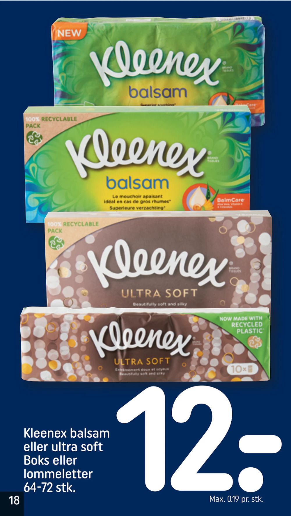 Tilbud på Kleenex balsam eller ultra soft Boks eller lommeletter 64-72 stk. fra REMA 1000 til 12 kr.