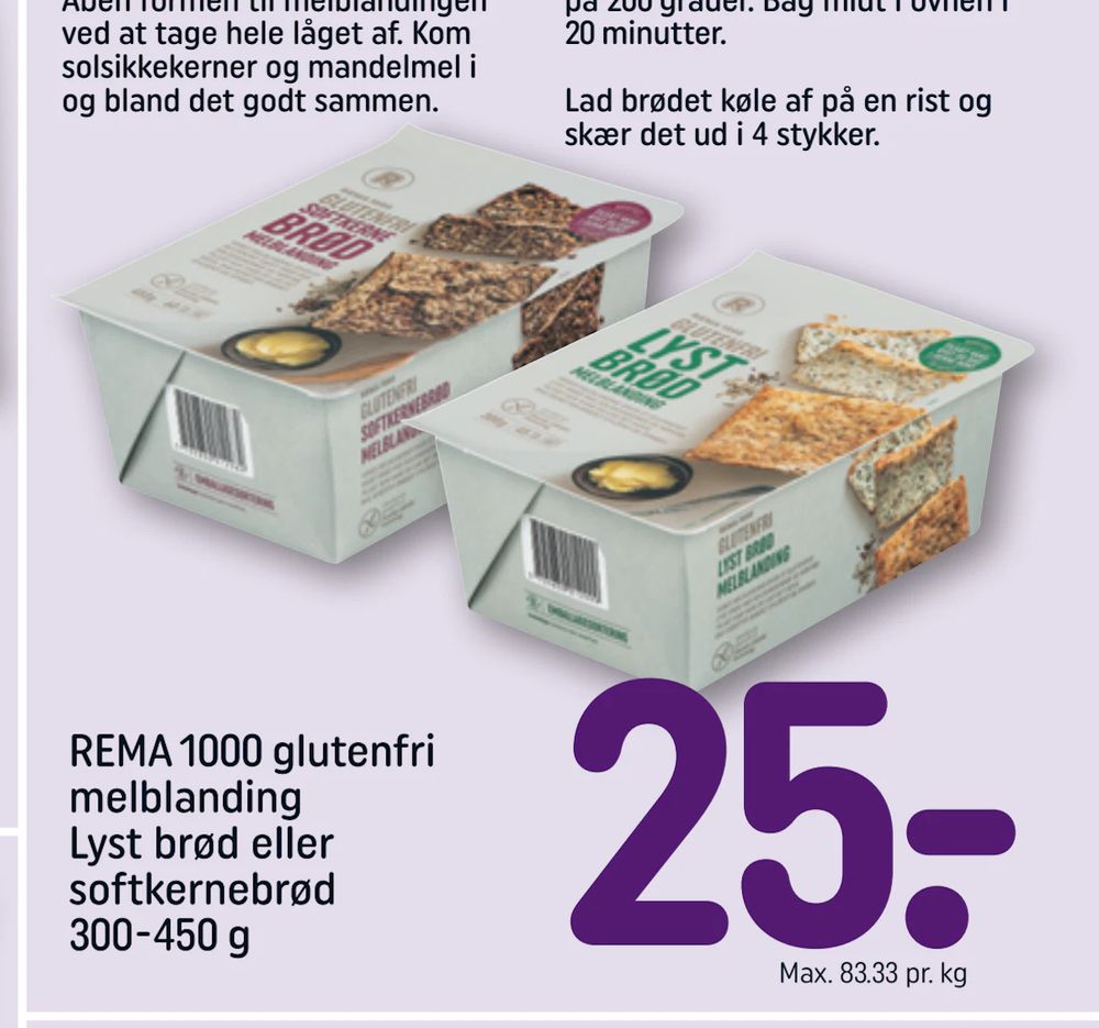Tilbud på REMA 1000 glutenfri melblanding Lyst brød eller softkernebrød 300-450 g fra REMA 1000 til 25 kr.