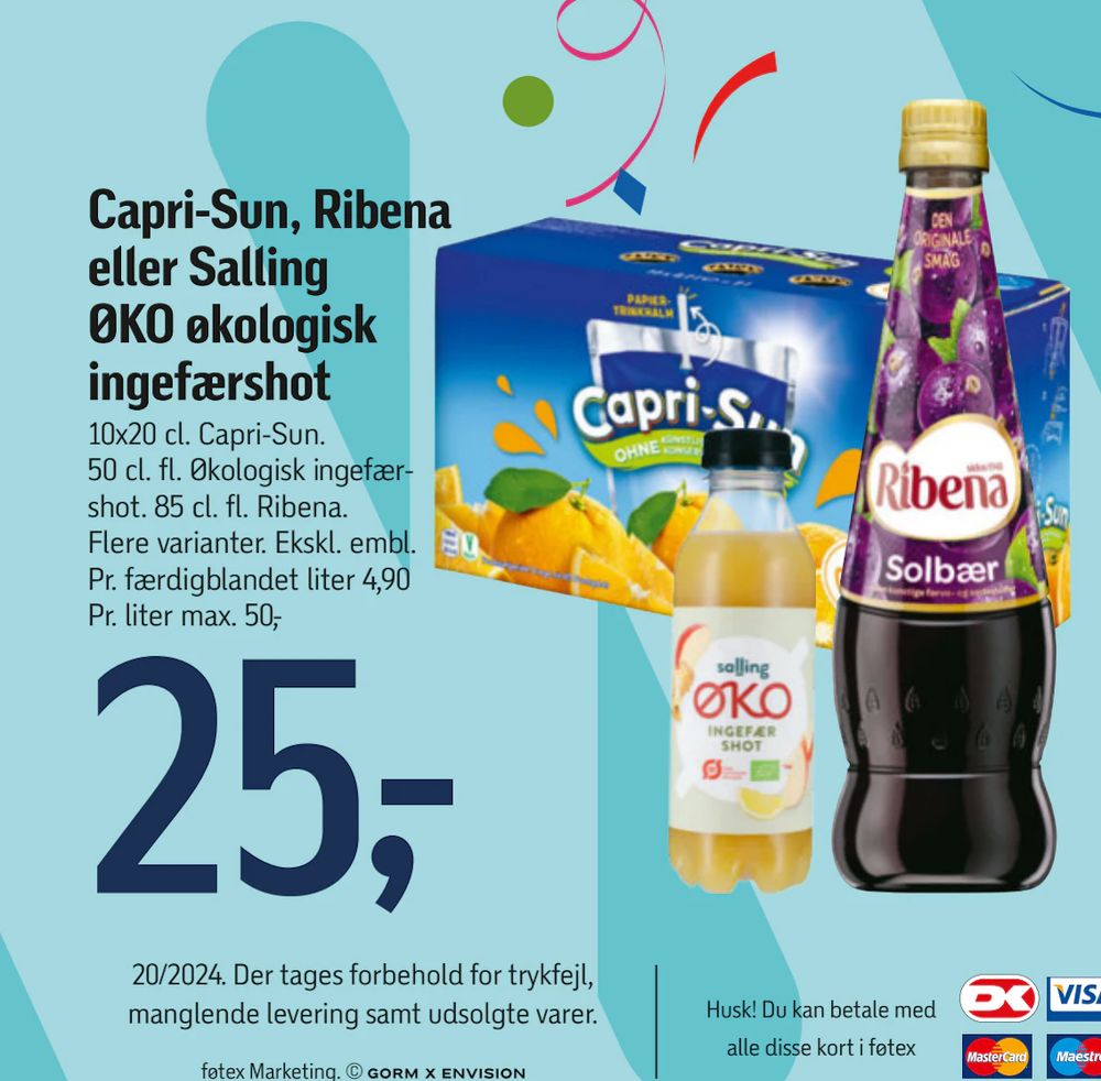 Tilbud på Capri-Sun, Ribena eller Salling ØKO økologisk ingefærshot fra føtex til 25 kr.