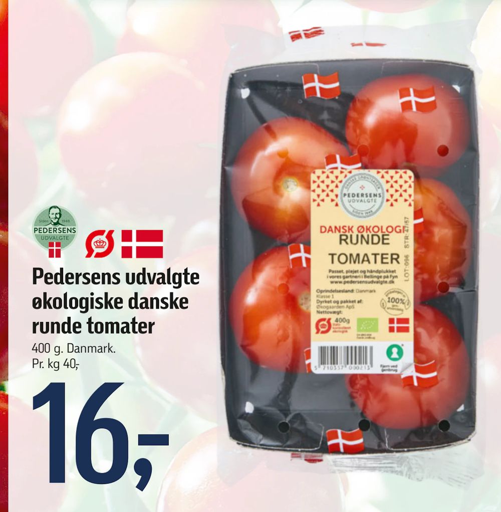 Tilbud på Pedersens udvalgte økologiske danske runde tomater fra føtex til 16 kr.