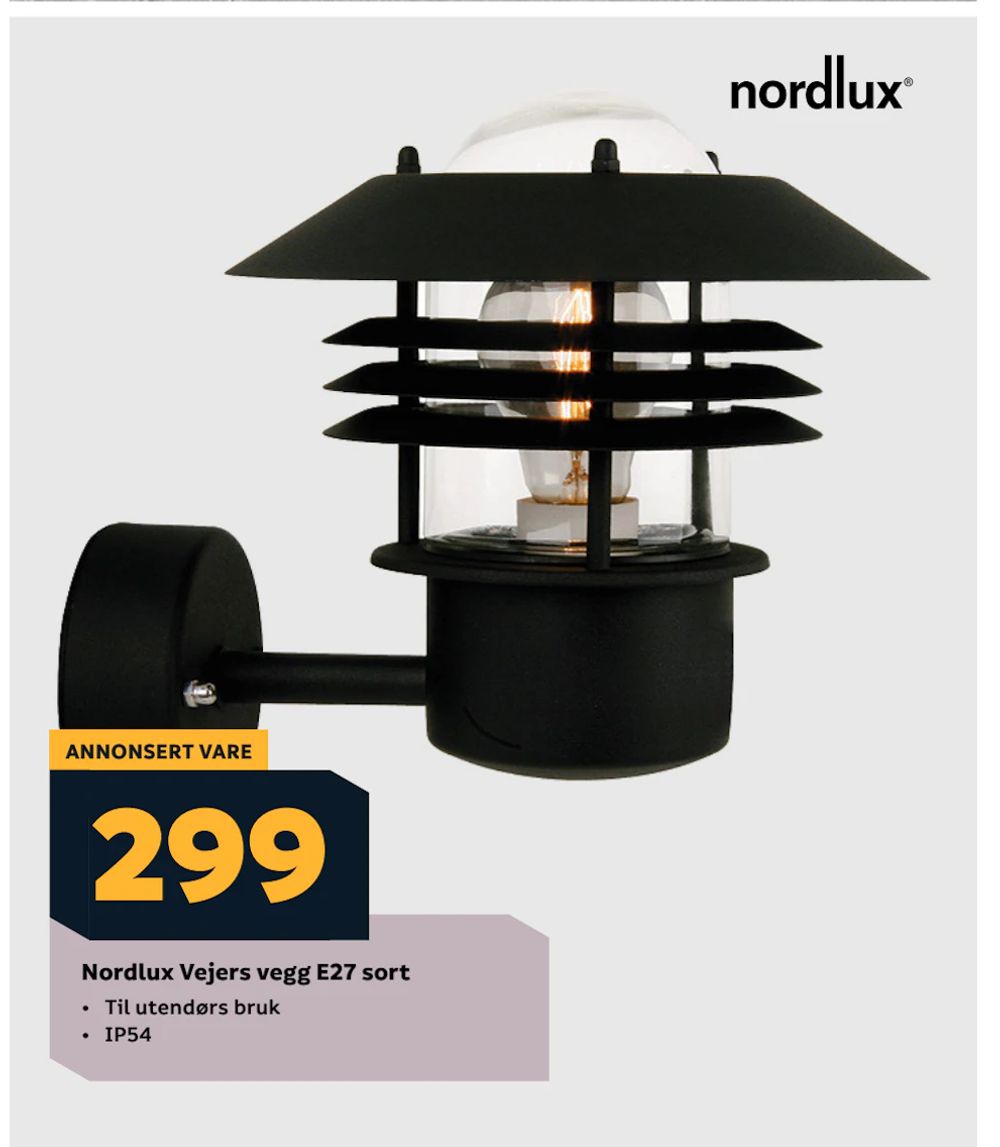Tilbud på Nordlux Vejers vegg E27 sort fra Megaflis til 299 kr