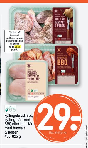 Kyllingebrystfilet, kyllingelår med BBQ eller hele lår med havsalt & peber 450-825 g