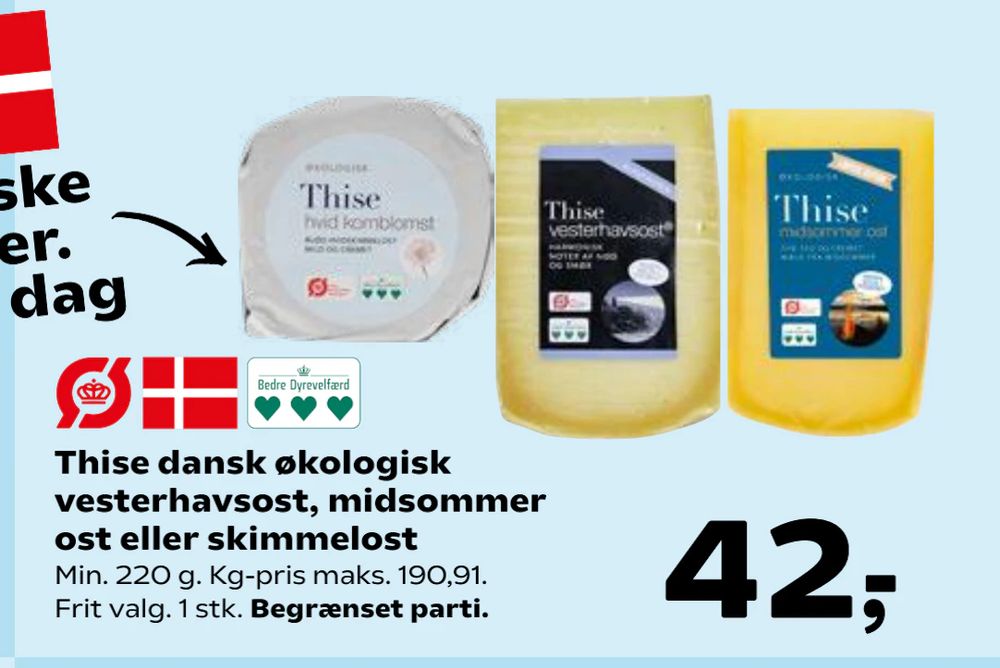 Tilbud på Thise dansk økologisk vesterhavsost, midsommer ost eller skimmelost fra SuperBrugsen til 42 kr.