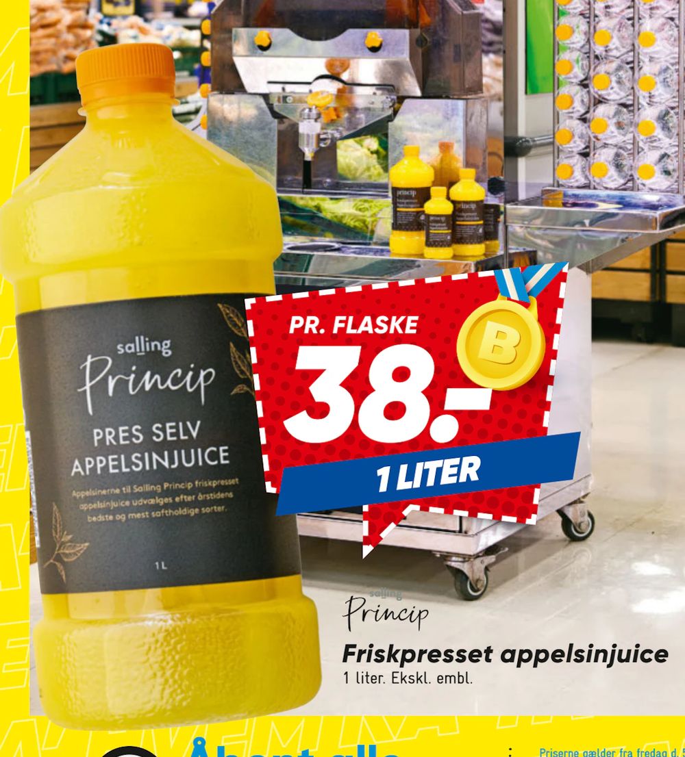 Tilbud på Friskpresset appelsinjuice fra Bilka til 38 kr.