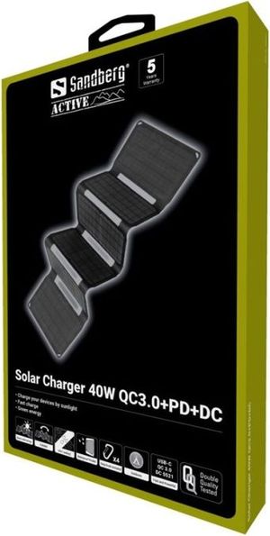 Sandberg - Sollader - 40 Watt - QC 3.0 - 3 output-stikforbindelser (USB, DC jackstik 5,5 x 2,1 mm, 24 pin USB-C) - på kabel: USB, USB-C, strøm DC-stik