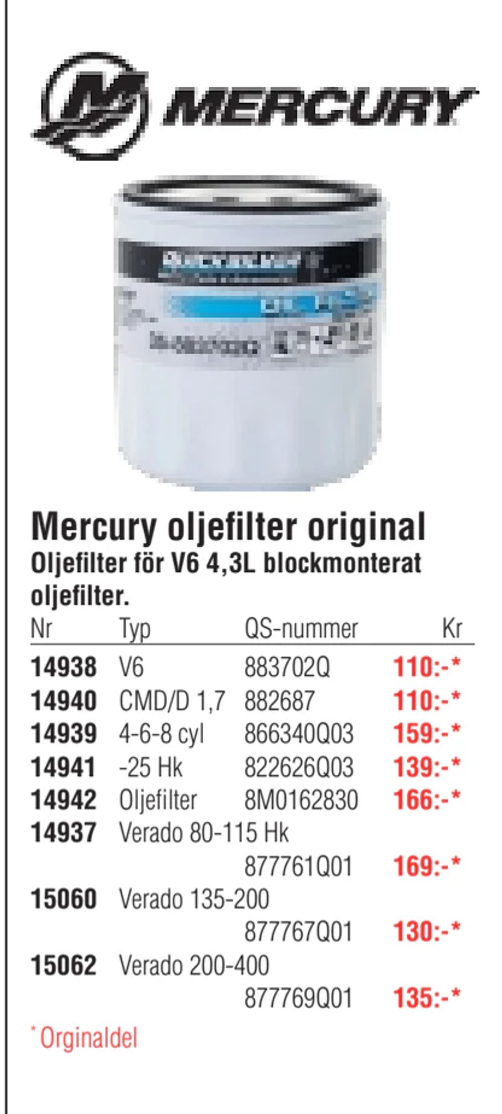 Erbjudanden på Mercury oljefilter original från Erlandsons Brygga för 110 kr