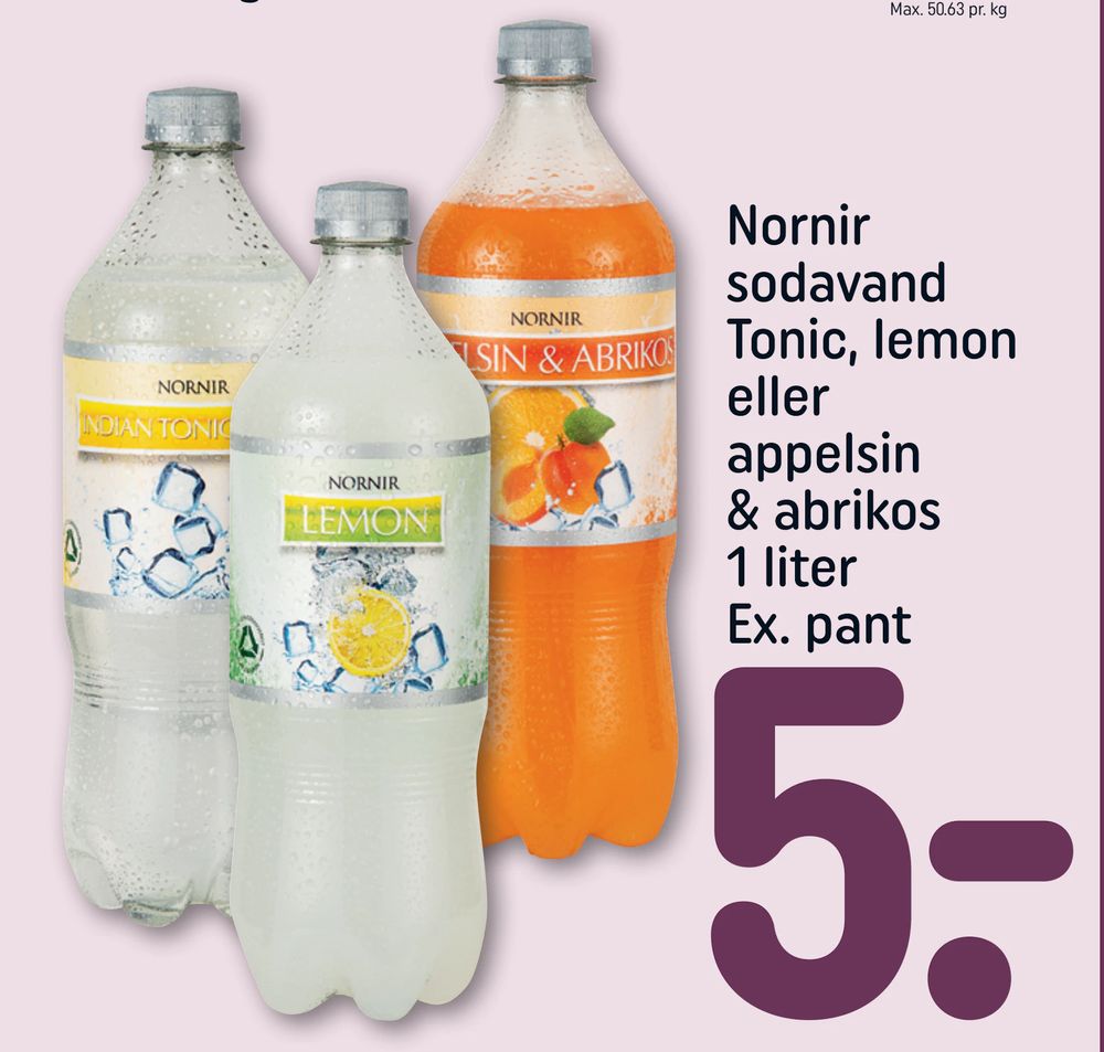 Tilbud på Nornir sodavand Tonic, lemon eller appelsin & abrikos 1 liter Ex. pant fra REMA 1000 til 5 kr.