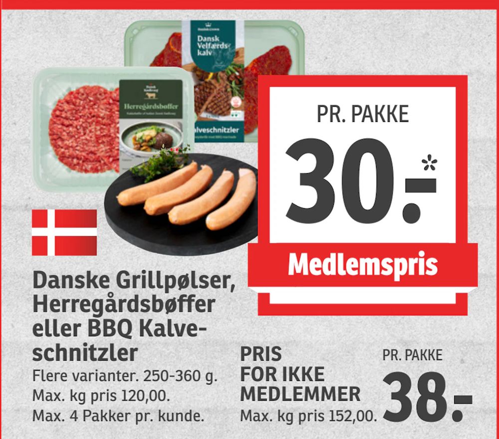 Tilbud på Danske Grillpølser, Herregårdsbøffer eller BBQ Kalveschnitzler fra SPAR til 38 kr.