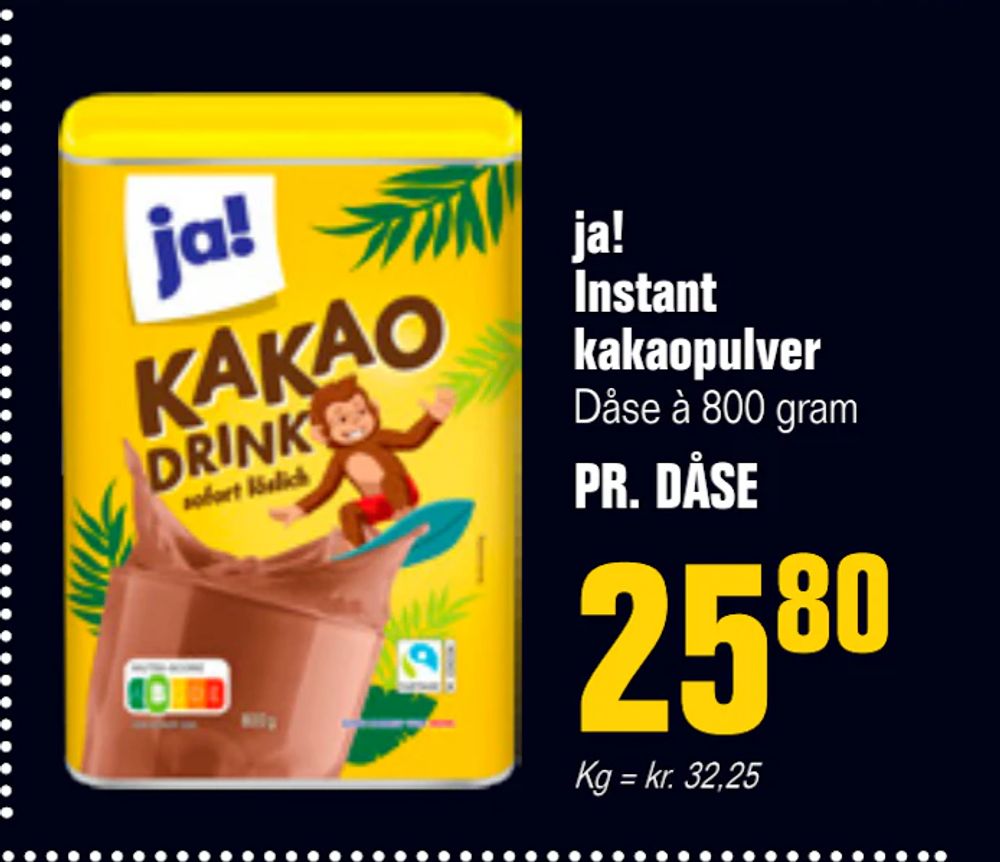 Tilbud på ja! Instant kakaopulver fra Poetzsch Padborg til 25,80 kr.