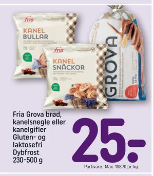 Fria Grova brød, kanelsnegle eller kanelgifler Gluten- og laktosefri Dybfrost 230-500 g