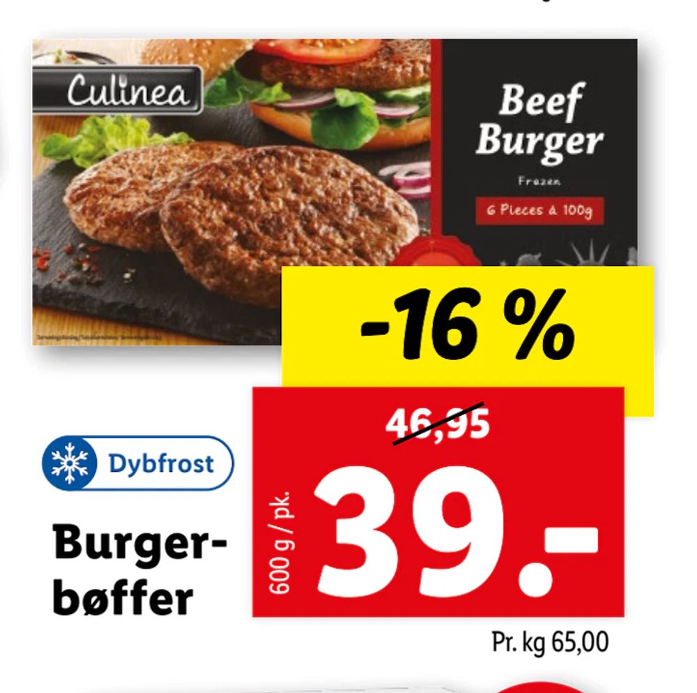 Tilbud på Burgerbøffer fra Lidl til 39 kr.