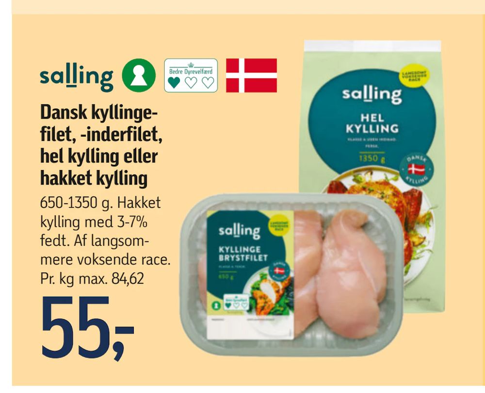 Tilbud på Dansk kyllingefilet, -inderfilet, hel kylling eller hakket kylling fra føtex til 55 kr.