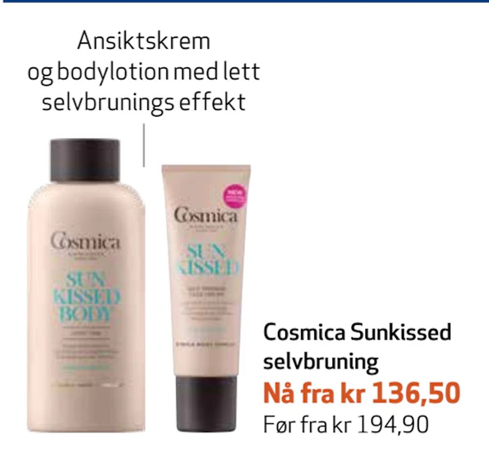 Tilbud på Cosmica Sunkissed selvbruning fra Apotek 1 til 136,50 kr