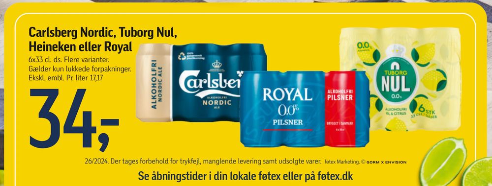 Tilbud på Carlsberg Nordic, Tuborg Nul, Heineken eller Royal fra føtex til 34 kr.