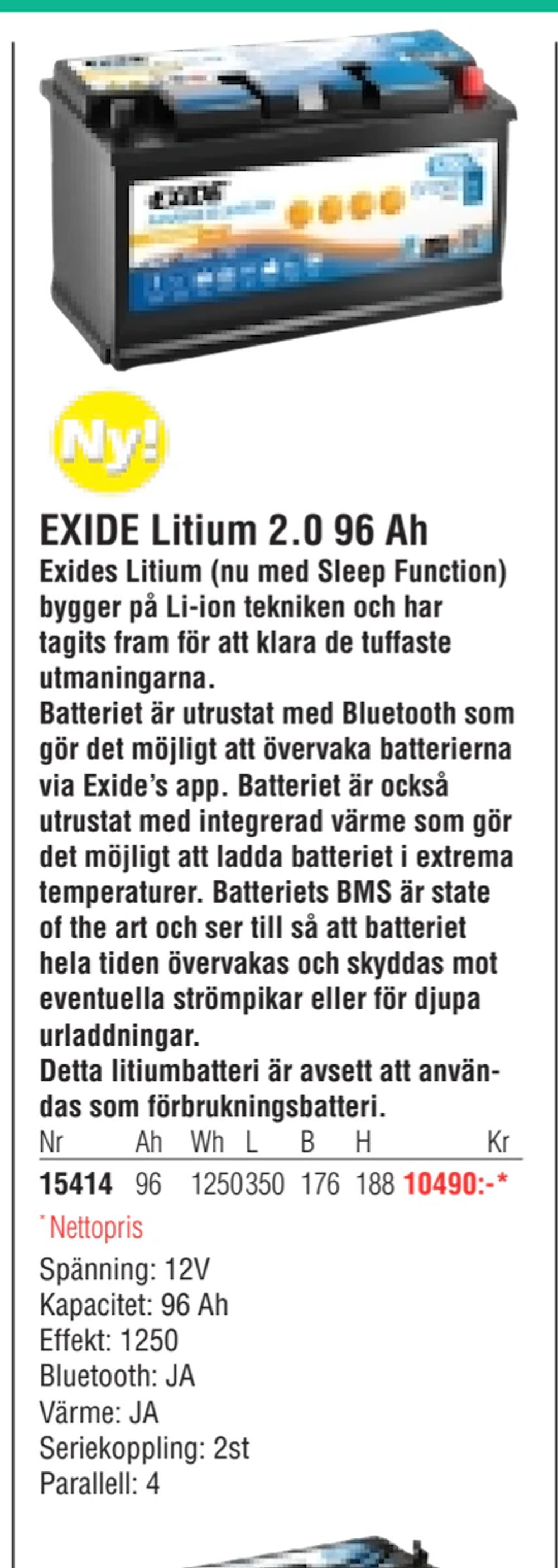 Erbjudanden på EXIDE Litium 2.0 96 Ah från Erlandsons Brygga för 10 490 kr