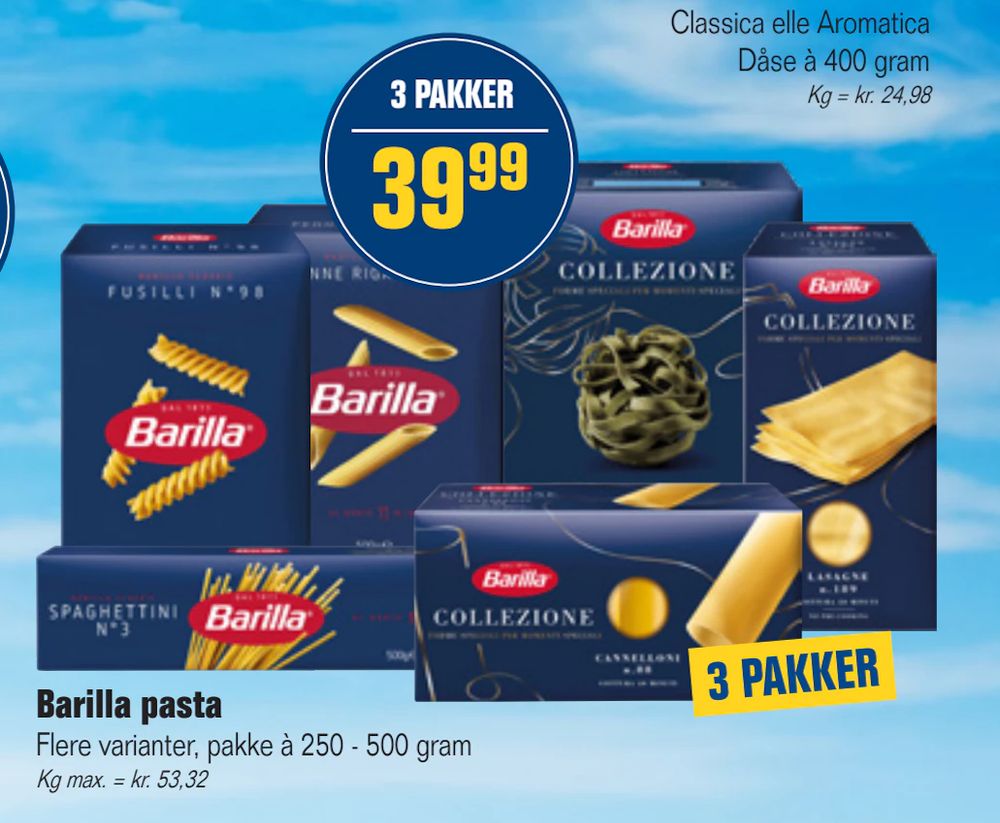 Tilbud på Barilla pasta fra Otto Duborg til 39,99 kr.