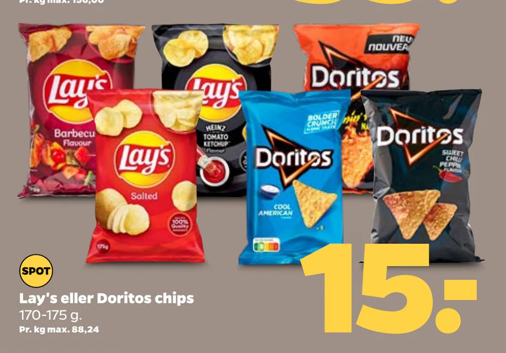 Tilbud på Lay's eller Doritos chips fra Netto til 15 kr.