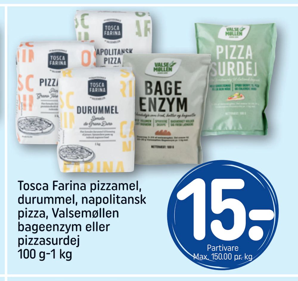 Tilbud på Tosca Farina pizzamel, durummel, napolitansk pizza, Valsemøllen bageenzym eller pizzasurdej 100 g-1 kg fra REMA 1000 til 15 kr.