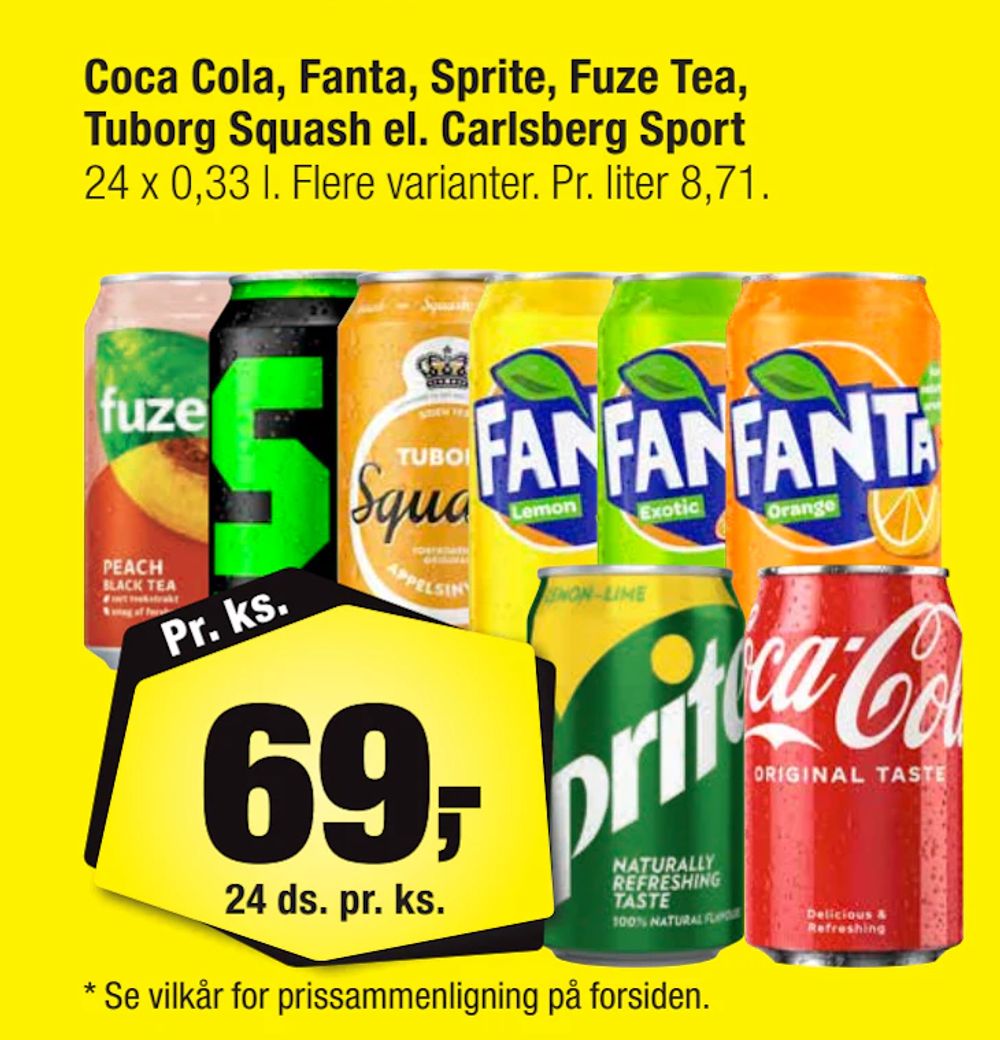 Tilbud på Coca Cola, Fanta, Sprite, Fuze Tea, Tuborg Squash el. Carlsberg Sport fra Calle til 69 kr.