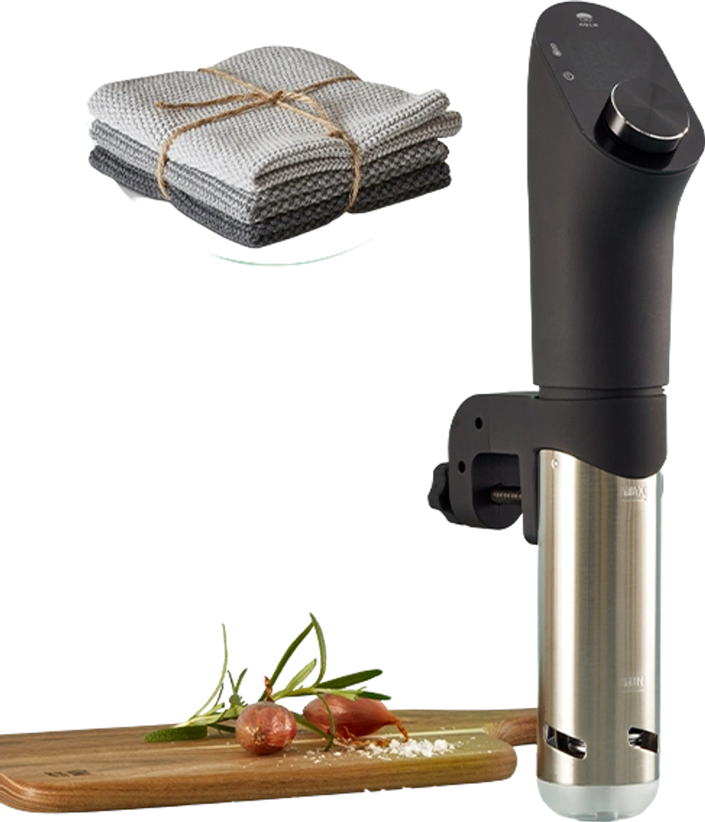 Tilbud på Holm sous vide stick 1200 watt sølv/sort + Karklude strik 3 stk 25x25 cm grå fra Kop & Kande til 849,95 kr.