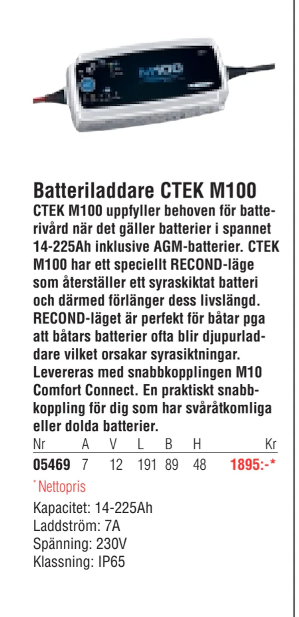 Erbjudanden på Batteriladdare CTEK M100 från Erlandsons Brygga för 1 895 kr