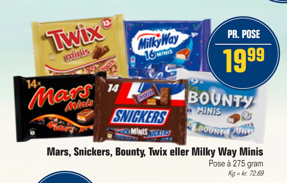 Tilbud på Mars, Snickers, Bounty, Twix eller Milky Way Minis fra Otto Duborg til 19,99 kr.