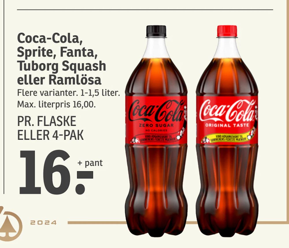 Tilbud på Coca-Cola, Sprite, Fanta, Tuborg Squash eller Ramlösa fra SPAR til 16 kr.