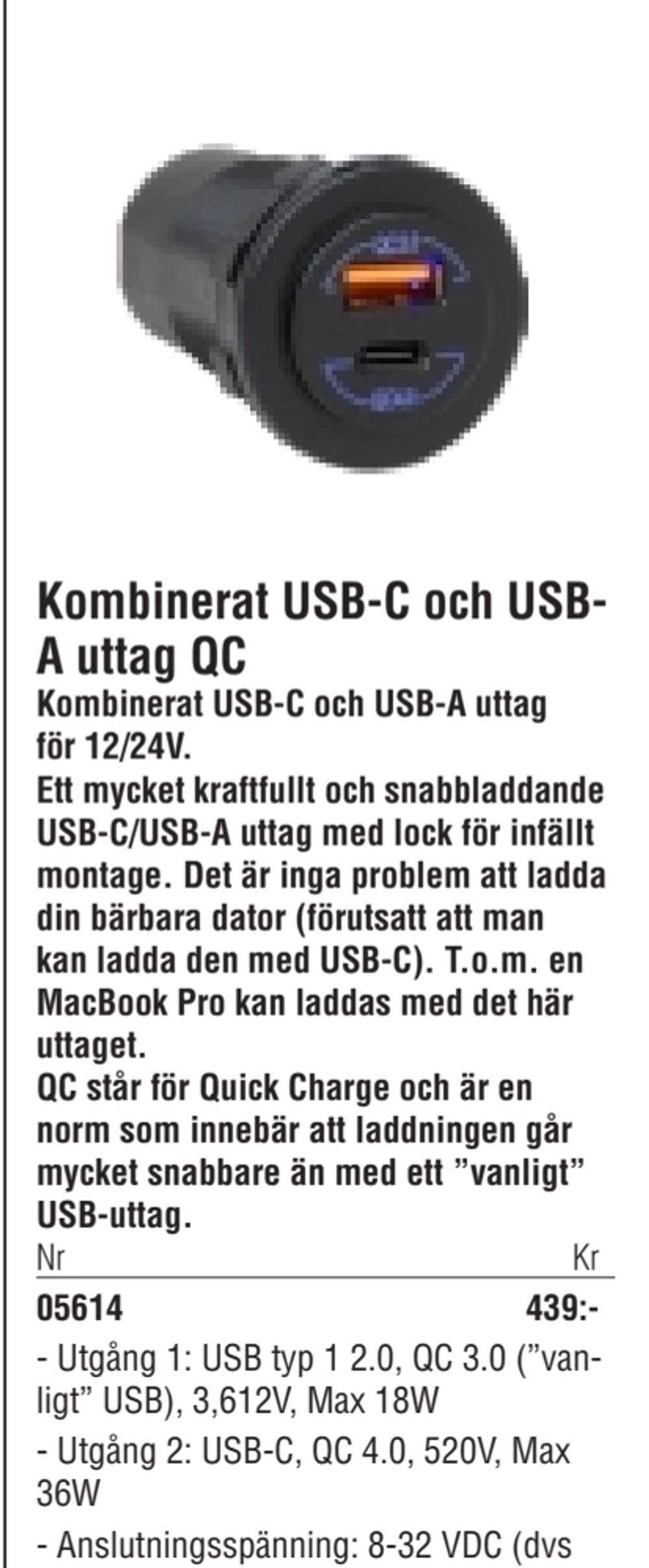 Erbjudanden på Kombinerat USB-C och USBA uttag QC från Erlandsons Brygga för 439 kr