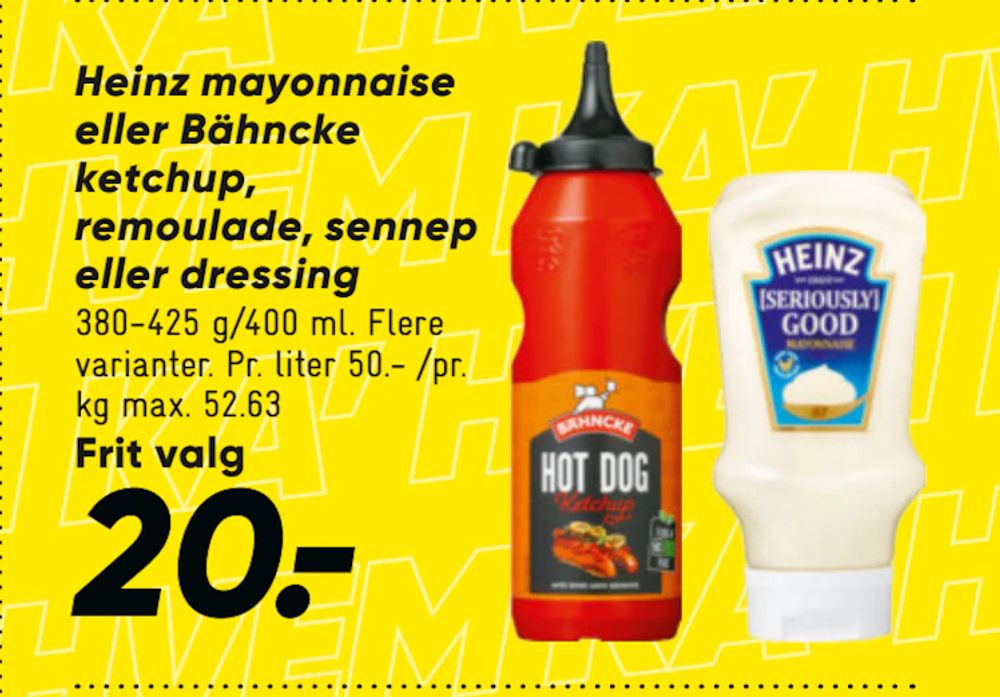 Tilbud på Heinz mayonnaise eller Bähncke ketchup, remoulade, sennep eller dressing fra Bilka til 20 kr.