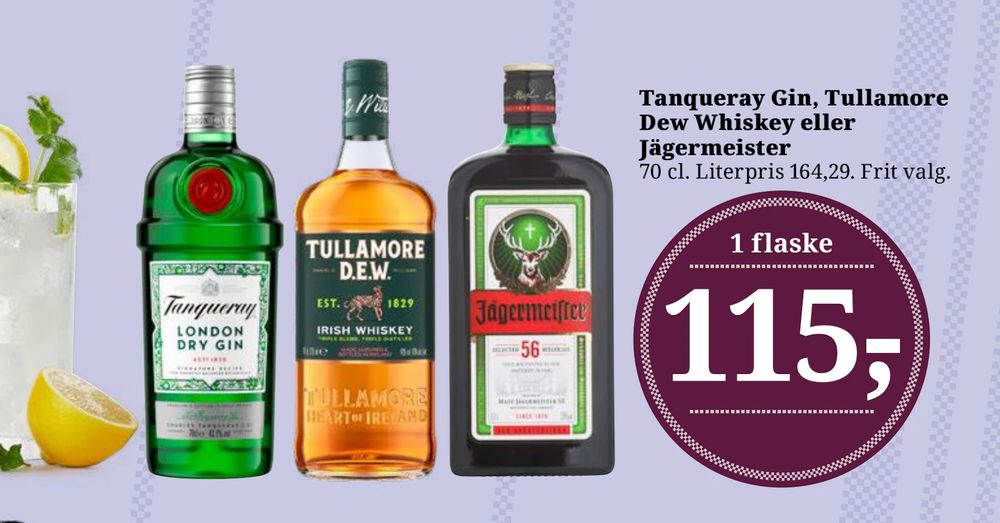 Tilbud på Tanqueray Gin, Tullamore Dew Whiskey eller Jägermeister fra Brugsen til 115 kr.