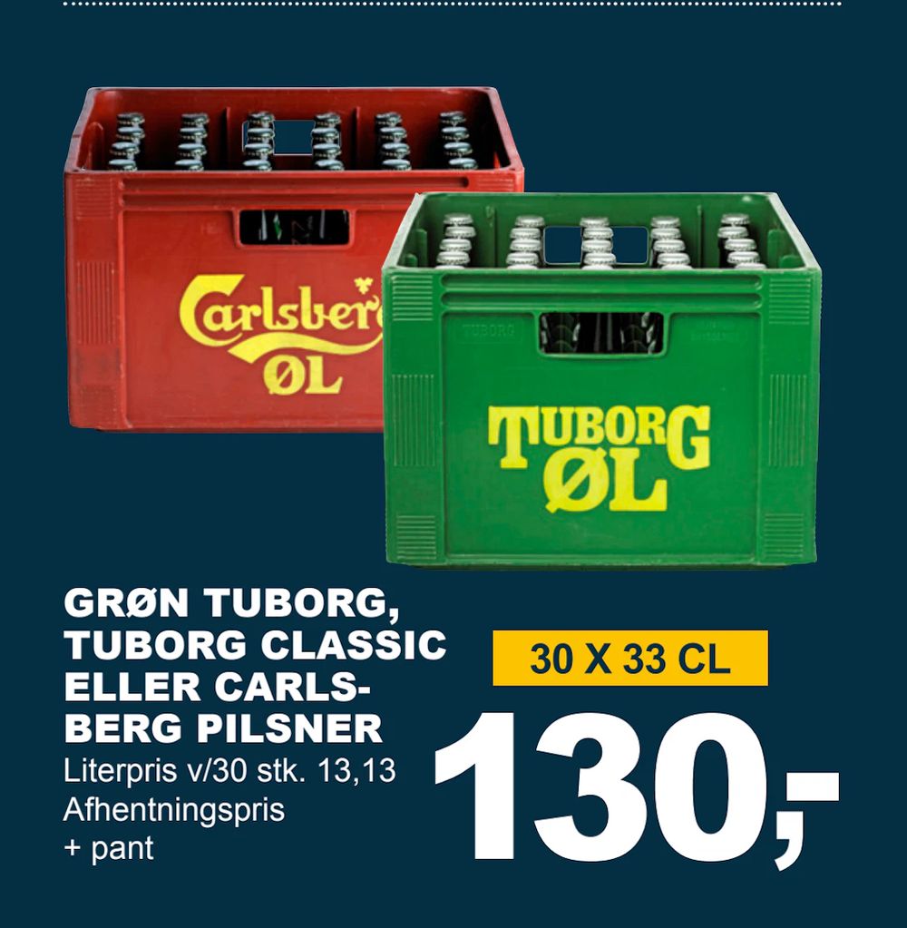 Tilbud på GRØN TUBORG, TUBORG CLASSIC ELLER CARLSBERG PILSNER fra LET-KØB til 130 kr.