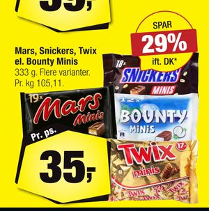 Mars, Snickers, Twix el. Bounty Minis