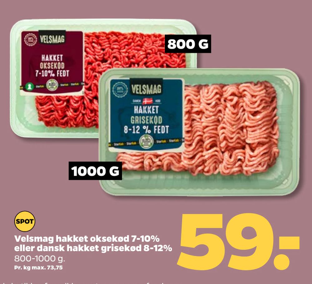 Tilbud på Velsmag hakket oksekød 7-10% eller dansk hakket grisekød 8-12% fra Netto til 59 kr.