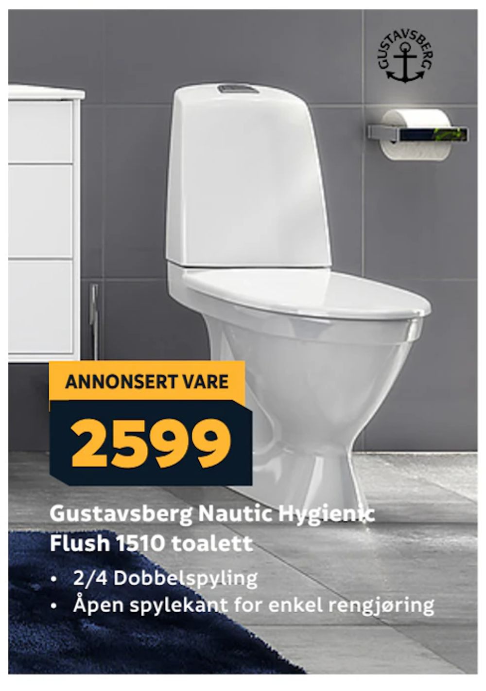 Tilbud på Gustavsberg Nautic Hygienic Flush 1510 toalett fra Megaflis til 2 599 kr