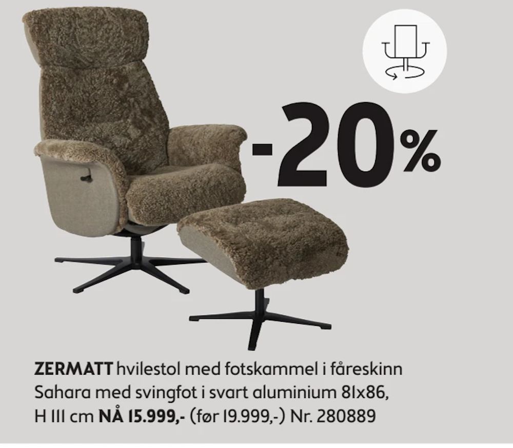 Tilbud på ZERMATT hvilestol med fotskammel i fåreskinn Sahara med svingfot i svart aluminium fra Bohus til 15 999 kr