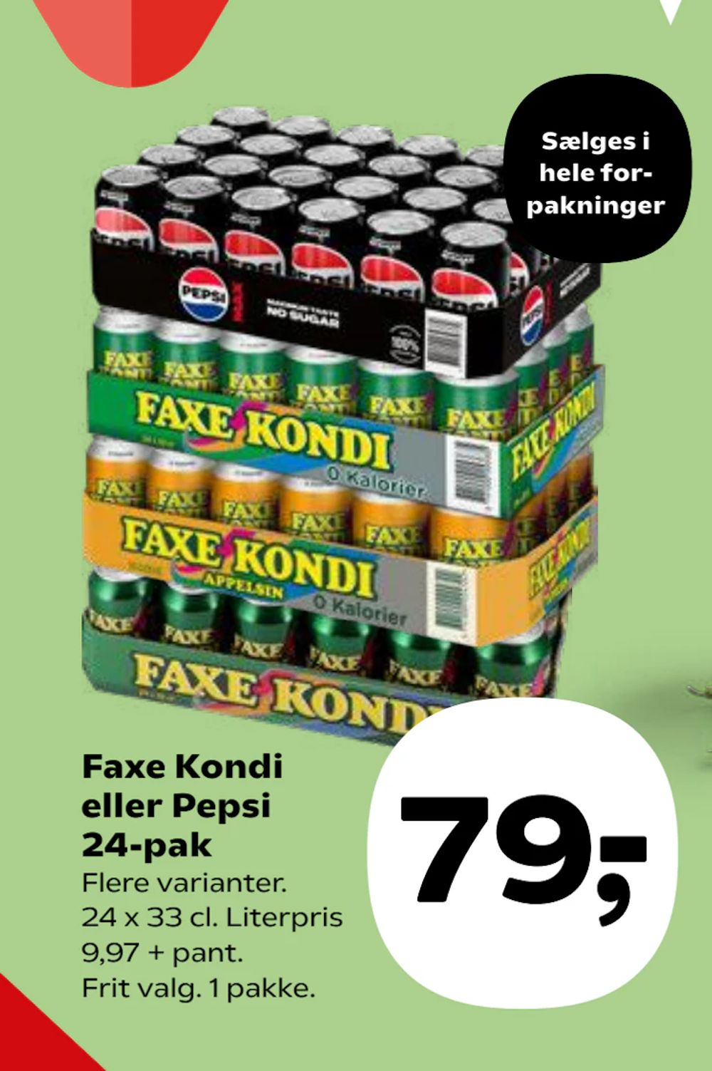 Tilbud på Faxe Kondi eller Pepsi 24-pak fra SuperBrugsen til 79 kr.